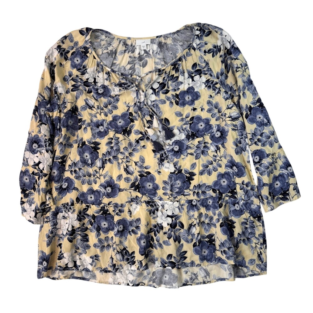 J. Jill Blouse Floral Peplum XL Yellow Blue Womens Boho Tassel Tie Top